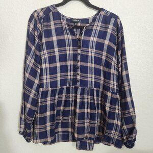 Torrid Blouse Womens Medium Large Blue Plaid Rainier Pullover Long Sleeve NWT